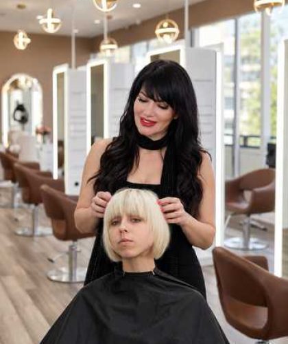 Stylist trimming a bob haircut at a Los Angeles salon